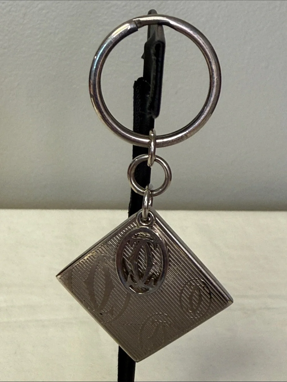 Cartier 2C Logo Silver Tone Key Ring Bag Charm Diamond Shape Monogram